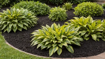 En hage med et lag av brun mulch rundt plantene, med noen ugress som vokser gjennom mulchen.