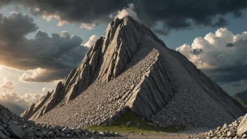 Et fjell med et bergskred eller steinsprang, med en dramatisk himmel og en følelse av fare.