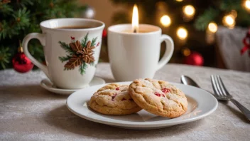 En deilig juleskive på en tallerken med en kopp kaffe og et juletre i bakgrunnen.