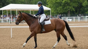 En hest i en ridearena, med en rytter på ryggen, midt i en konkurranse.