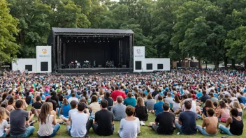 En stor utendørs plass med en scene og sitteplasser for konserter og festivaler