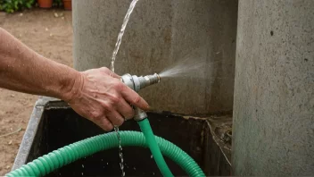 En person drainer vann fra en tank ved hjelp av en slange, med vannet som flyter ut av tanken og ned på bakken.