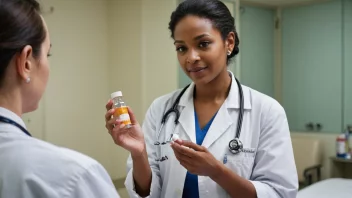 En lege eller sykepleier som holder en medisinflaske eller en medisinsk enhet, med en pasient i bakgrunnen, i en sykehus- eller klinikksetting.