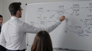 En bedriftsleder som står foran en whiteboard med en markedsstrategidiagram, ser selvbevisst og profesjonell ut.