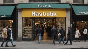 En travel hasbutikk i sentrum, med kunder som går inn og ut av butikken.