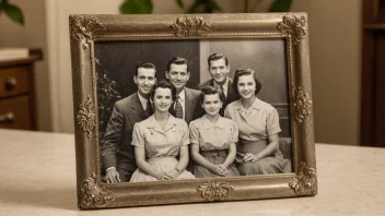 En metallark med et svart-hvitt bilde av en familie fra 1950-tallet