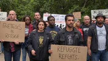 En gruppe mennesker som holder skilt og protesterer for flyktnings rettigheter.