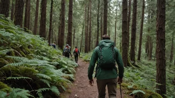 En person i turutstyr, leder en gruppe mennesker gjennom en skog eller fjellterreng.