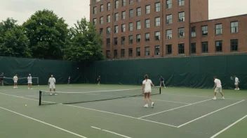 En bygning for en tennisorganisasjon med mennesker som spiller tennis i forgrunnen.