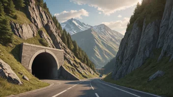 En tunnelinngang med en vei som leder inn i den, mot en malerisk bakgrunn av fjell.