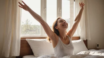 En person som våkner opp i sengen med et smil på ansiktet, strekker armene og ser ut vinduet på en solfylt dag.