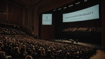 En konsertsal med en scene og et publikum, med et banner som leser 'Avslutningkonsert'. Atmosfæren er festlig og feirer, med konfetti og ballonger.