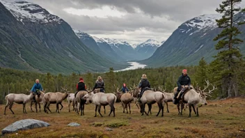 En gruppe mennesker på reinsdyrtrekking i norsk vildmark.