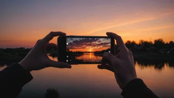 En person tar et bilde av en vakker solnedgang med en smarttelefon.