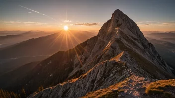 En vakker solnedgang bak en fjelltopp, med solens stråler som opplyser landskapet.