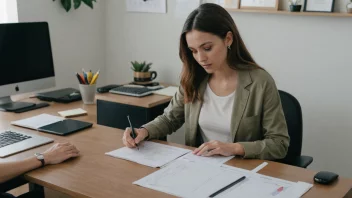 En person som jobber som instituttkoordinator, sitter ved et skrivebord med en datamaskin og papirer.