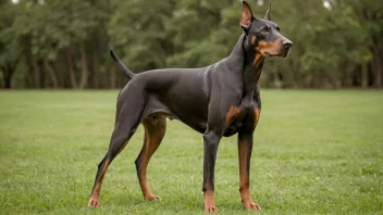 En dobermannhund som står på en grønn gressplen.