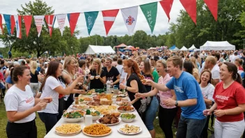 En fargerik illustrasjon av en velgjørenhetsfest med mennesker i alle aldre som har det gøy, spiller spill og nyter mat og drikke.