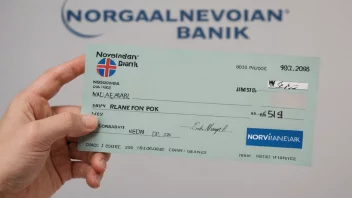 En person som holder en sjekk med en norsk banklogo i bakgrunnen, illustrerer begrepet sjekkutstedelse