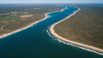 Flyfoto av en elvemunning, hvor elven renner ut i havet.