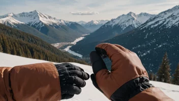 En fjellhanske på en persons hånd, med et snødekt fjellandskap i bakgrunnen.