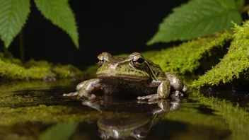 Et bilde av en vassgrodd som sitter på en stein nær en dam.