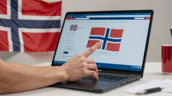 En person som registrerer seg på nettet med et norsk flagg i bakgrunnen.