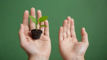 En person som tar vare på miljøet ved å holde en liten plante, med en grønn bakgrunn og gjenvinnings symboler.