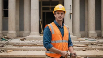 En person i en bygghatt og vest, holder en hammer og står foran en renovert bygning.