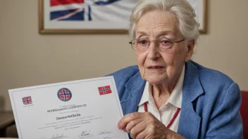 En pensjonist som holder et garantibevis, med et norsk flagg i bakgrunnen.