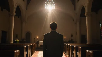 Et fredelig bilde av en person i en kirke, med et sterkt lys som skinner ned, representerer handlingen å gjenoppdage troen.