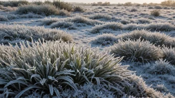 Et fredelig landskap med et teppe av frost som dekker bakken og omkringliggende vegetasjon.