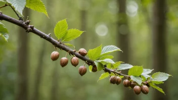 Et hasseltræ med blader og nøtter i en skog.