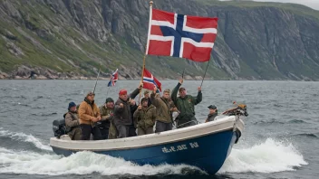 En gruppe fiskere på en båt, med et norsk flagg som vifter i vinden.