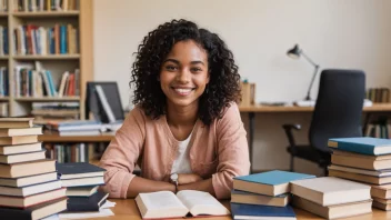 En universitetsstudent i sjuende år, smiler og omgitt av studiemateriell.