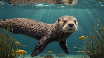 En fiskotter som svømmer i havet, med sitt karakteristiske pels og whisker. Bakgrunnen er fylt med sjøgress og fisk, som viser oterens naturlige habitat.