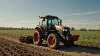 En person kjører en traktor på en åker, med en solfylt himmel i bakgrunnen.