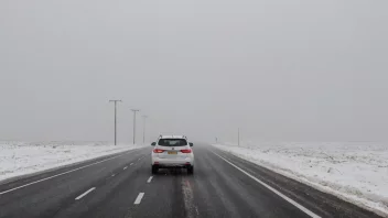 En bil kjører gjennom en landbris med sterk vind og dårlig sikt.