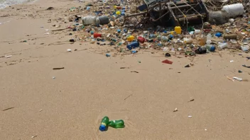 En strand forurenset med skipssøppel, med plastflasker, fiskegarn og annet avfall spredt over sanden og i vannet.