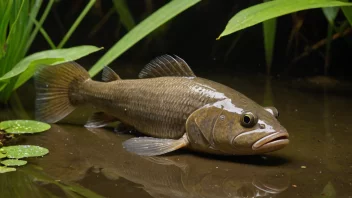 En mudfisk som svømmer i mudder med akvatiske planter i bakgrunnen.