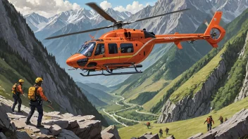 En detaljert illustrasjon av en redningsaksjon med helikopter og redningspersonale i et fjellområde.