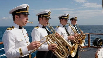 Et skipsorkester som spiller musikk på dekket av et skip på sjøen.