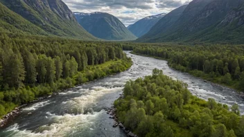 Elva Sunndalselva renner rolig gjennom den pittoreske Sunndalen-dalen, omgitt av frodige grønne fjell og trær.