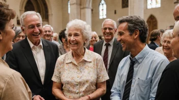 En gruppe mennesker fra ulike aldersgrupper og bakgrunner samlet i en kirke, smiler og pratet med hverandre.