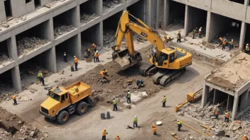 Et bilde av en byggeplass med arbeidere i ferd med å rive og rydde opp.