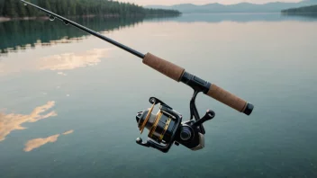 Et spinnvåpen med fiskesnøre og krok, på en bakgrunn av en rolig innsjø eller hav.