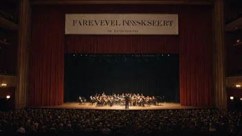 En konsertsal med en scene og et publikum, med et banner som leser 'Avslutningskonsert'.