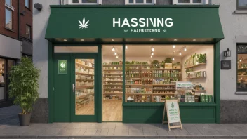 En hasjforretning med et skilt som leser 'Hasjforretning' på norsk, med en rekke cannabisprodukter på display.