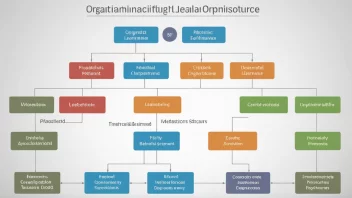 En detaljert illustrasjon av en hierarkisk organisasjonsstruktur med flere nivåer av ledelse og avdelinger.