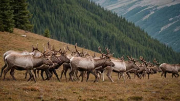 En flokk reinsdyr som går sammen i fjellet.